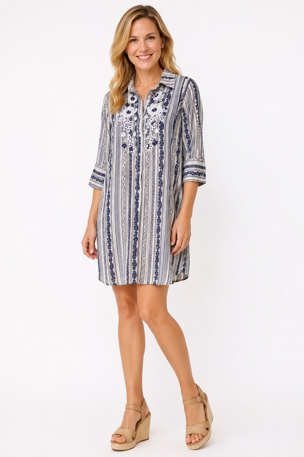 Nwt Happy Island White Embellished 3/4 Sleeve Shirt Dress Size Small Medium S/M